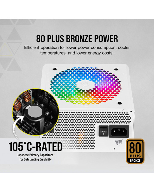 Corsair CX Series CX750F RGB白色 — 750瓦80 Plus Bronze認證的全模塊化RGB白色電源