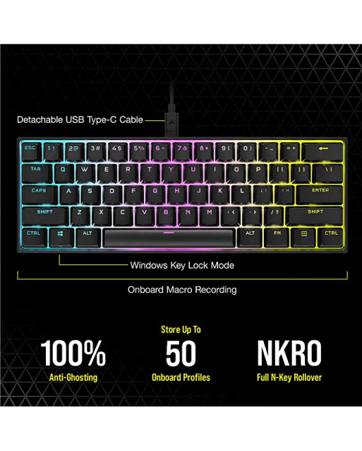 Corsair K65 RGB MINI 60% 機械遊戲鍵盤 — CHERRY® MX Red — 黑色